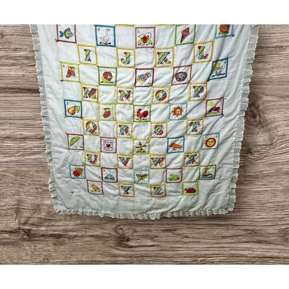 Vintage Hand Embroidered Blanket Baby Blanket Wall Decor Alphabet Patch Work